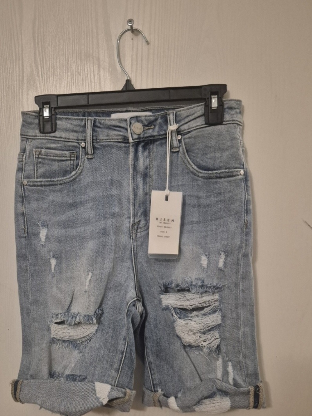 Risen Light Wash Distressed Denim Bermuda Shorts